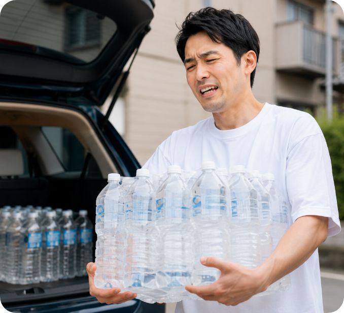 ペットボトルを運ぶ男性