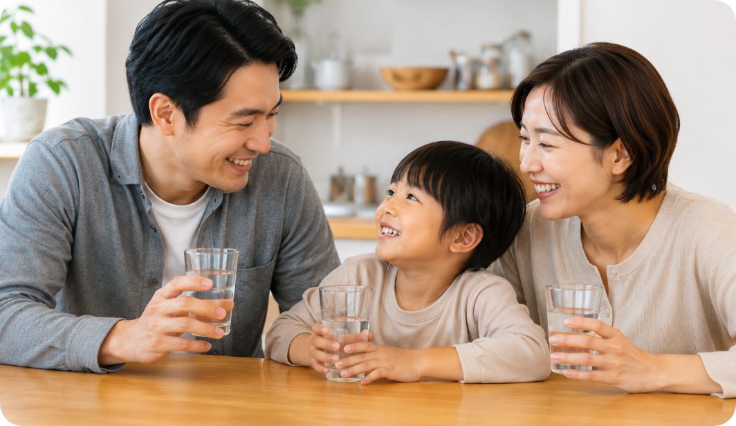 家族で水を飲む様子