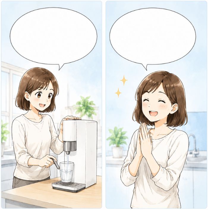 r-eos卓上浄水器の使い勝手を描いたマンガ
